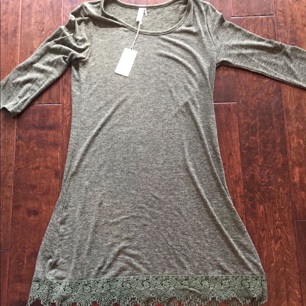 Boutique medium heather olive dress, lace bottom